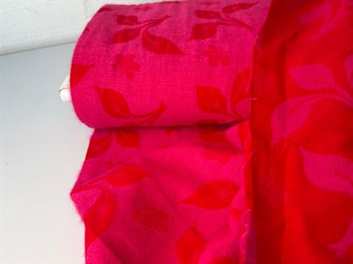 Jacquardvævet bomuld - røde blomster på pink bund