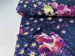 Viscosejersey - store og små blomster på mørkeblå bund
