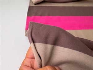 Bomuldsinterlock - brede striber i brun og pink