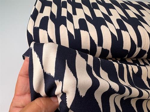 Viscosejersey - smukt grafisk mønster i navy og creme