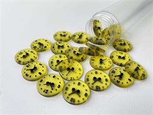 Knap - gennemsigtig med ur i gul, 15 mm