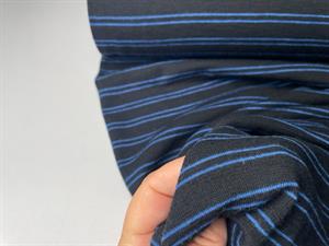 Undertøjsuld - interlock strikket i sort/ blå striber, smal