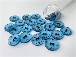 Knap - gennemsigtig med ur i blå, 15 mm