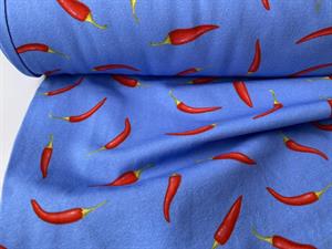 Bomuldsjersey - hot peppers på blå bund