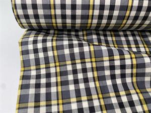 Skjortepoplin - gråsorte tern med gul stribe