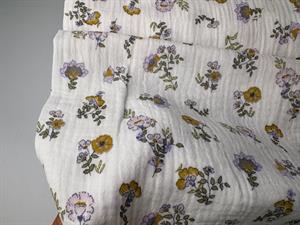 Dobbelt gauze - fine blomster i okker og lilla