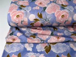 Viscosejersey - lyserøde roser på lavendelblå bund