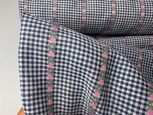 Jacquardvævet bomuld - sød lille lyserød blomst på ternet bund