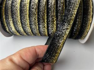 Vævet velour bånd - sort med guld mønster 