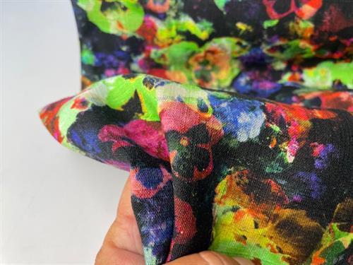 Vævet hør/viscose - flotte stedmoderblomster