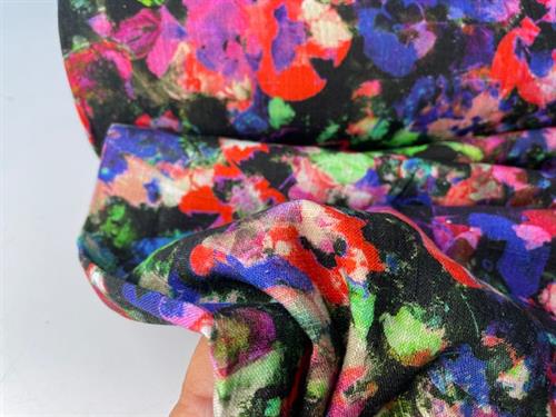 Vævet hør/viscose - flotte stedmoderblomster