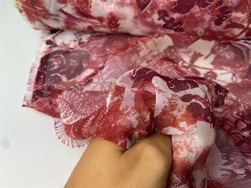 Fastvævet chiffon - summer flowers dark pink/red