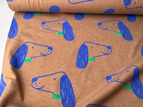 Bomuldsjersey - nougat med blå skønne hunde