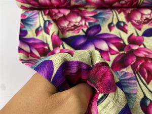 Vævet hør/viscose - smukke blomster i fuchsia og lilla toner