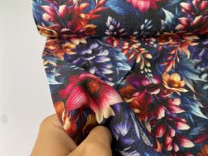Vævet hør/viscose - yndige blomster på mørk bund