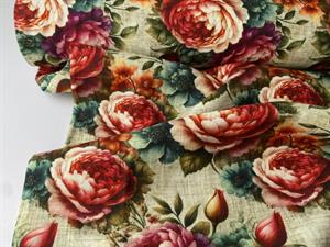 Vævet hør/viscose - romantiske blomster på lys bund