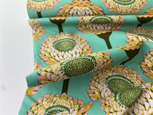 Patchwork stof - flower art turquoise green
