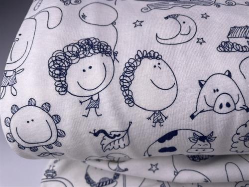 Bomulds interlock - barnlige stregtegninger på offwhite bund