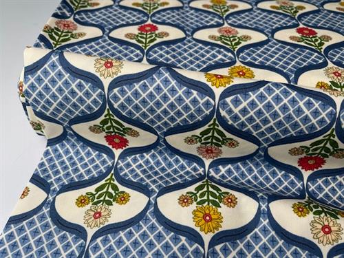 Patchwork stof - lækker blå med retro blomster