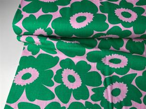 Vævet hør/viscose - skønt blomstermotiv i grøn og lyserød