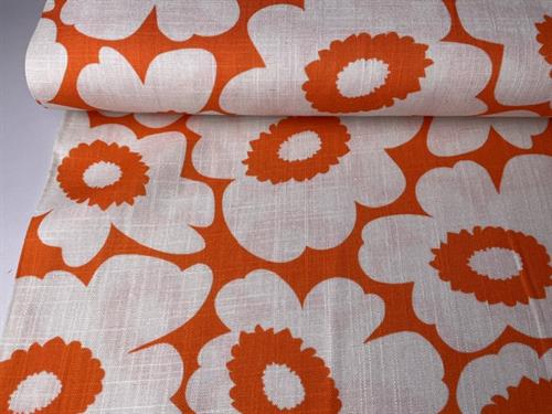 Vævet hør/viscose - skønt blomstermotiv i orange og natur
