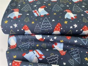 Vævet bomuldspoplin - søde nisser på marineblå bund