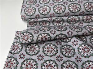 Poplin - grå med rødt og grønt mønster