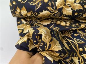 Bomuldsjersey - smuk kristtorn i guld på marineblå bund, gots