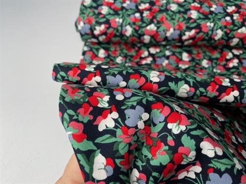 Poplin - stedmoderblomster i røde og blå nuancer