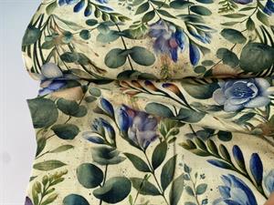 Vævet hør/viscose - yndige blomster i blå toner