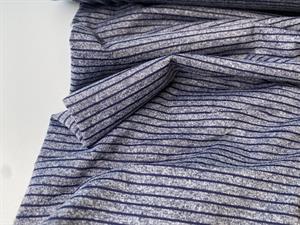 Polyesterjersey - flotte smalle striber i gråblå og marineblå