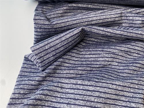 Polyesterjersey - flotte smalle striber i gråblå og marineblå