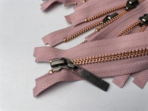 Delbar lynlås - 2-vejs, sart rosa med rosagold metaltænder, 34 cm