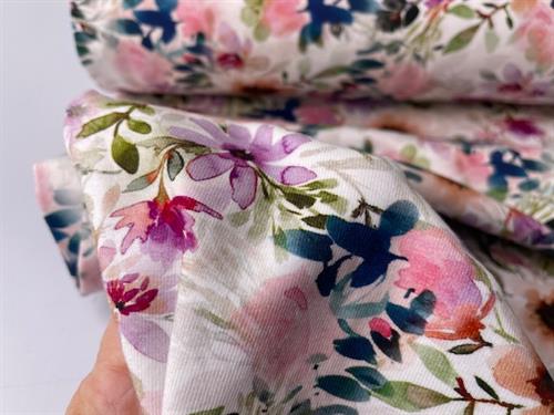 Bomuldsjersey - yndige blomster i pastel farver
