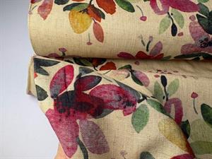 Vævet hør/viscose - yndige blomster i fine farver