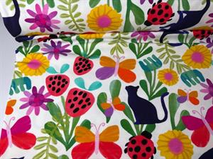 Bomuldsjersey - hvid bund med kunstnerisk kat og blomster