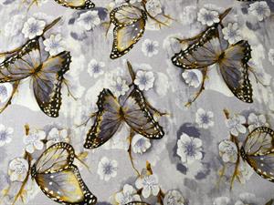 Bomuldsjersey - blid grå bund med sommerfugle