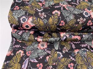Polyesterjersey - yndige blomster og sommerfugle på mørk bund