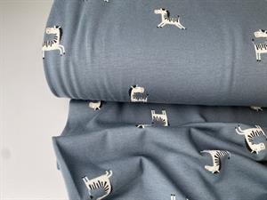 Bomuldsjersey - jeansblå med fine zebra