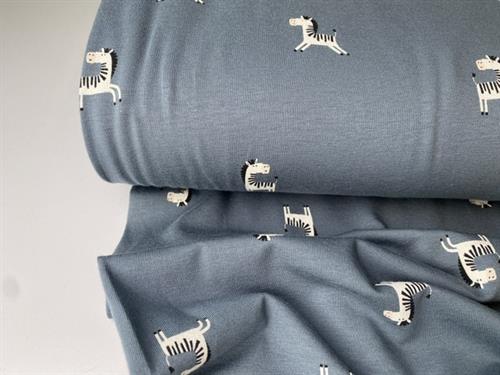 Bomuldsjersey - jeansblå med fine zebra