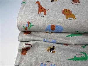 Bomuldsjersey - fine safaridyr på gråmeleret bund