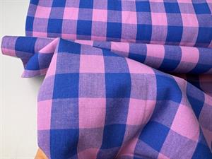 Vævet bomuldspoplin - garnfarvede tern i lilla / blå