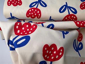 Vævet bomuldspoplin - fine blomster i rød og blå