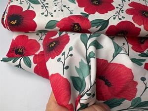 Vævet bomuldspoplin - smukke valmuer på offwhite bund