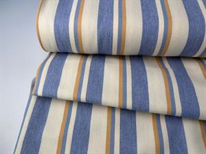 Fastvævet denim - garnfarvede striber i blå, offwhite og camel