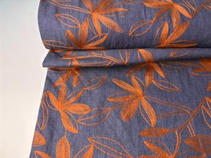 Fastvævet denim - smukke broderede blomster i cognac