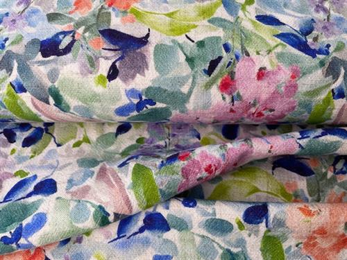 Vævet hør/viscose - fine blomster på lys bund