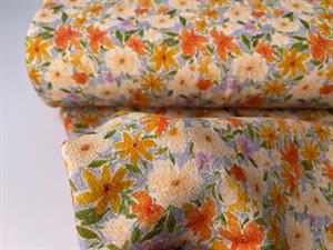 Vævet hør/viscose - fine blomster på lys bund