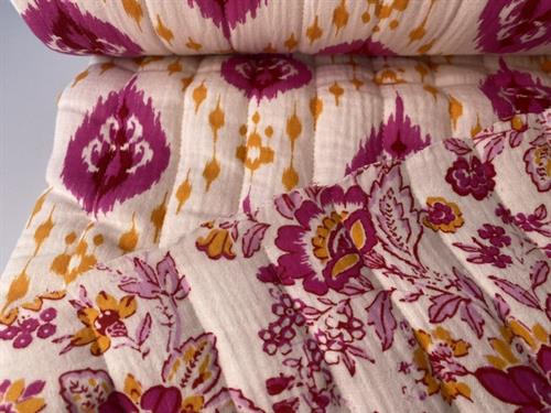 Fastvævet quiltet gauze - smukke motiver i pink og orange, vendbar