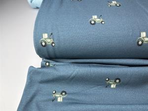 Bomuldsjersey - fine små traktorer på blå bund